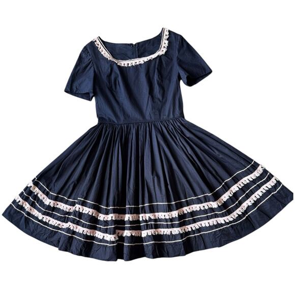 VTG Retro Unbranded Black summer fit flare dress with pink tassel trim medium - Picture 1 of 16